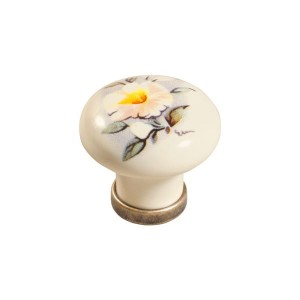 Marco 09-  gałka meblowa stary mosiądz z jasno kremową porcelaną 30mm